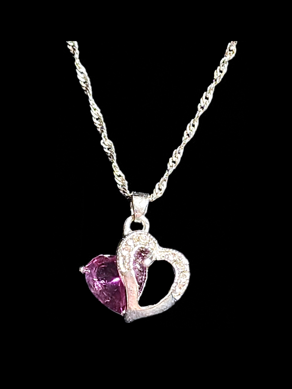Silver Heart Pendant Necklace with Pink Gem
